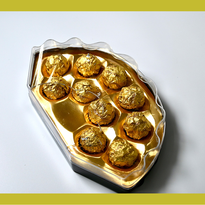 Caja de plástico en forma de ventilador de 10 cápsulas, bola de chocolate, dulces, dulces, galletas de boda, caja de embalaje de plástico PS