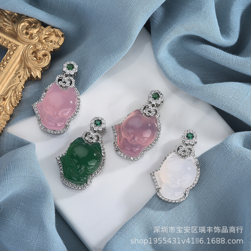 金镶玉高冰种天然粉玉髓挂件可爱小狐狸吊坠项链镀S925银直播爆款