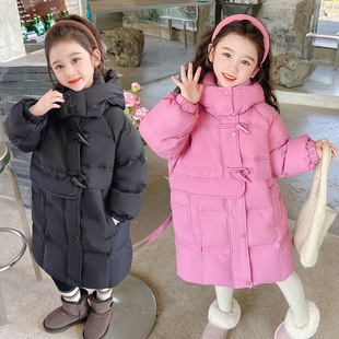 Baby girl's long horn buckle down jacket 2023 Winter New girls' thickened warm white duck down Korean style coat