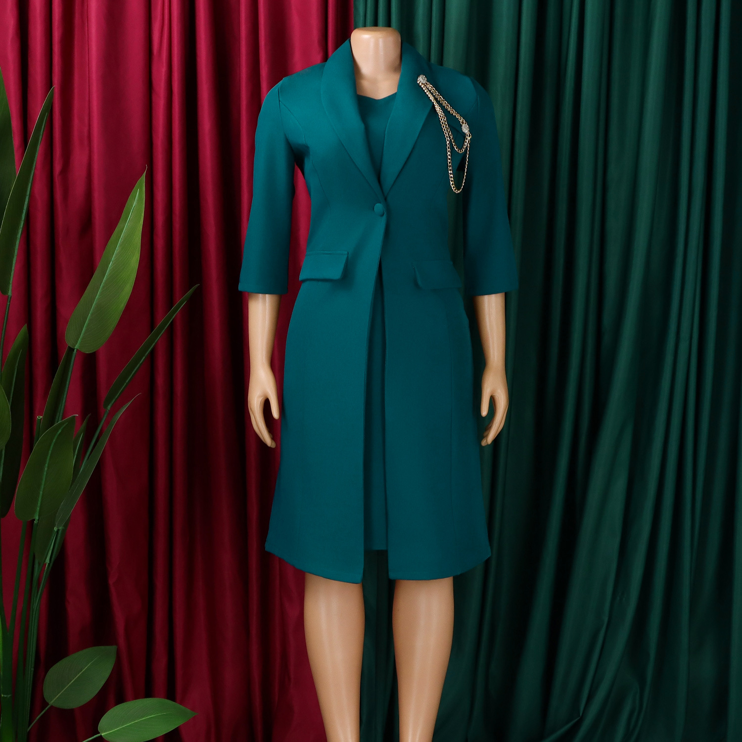 D610 European American Women's Elegant Stretch Slim Fit Solid Color Blazer And Camisole Dress Two-Piece African Fashion_ecoleips.com