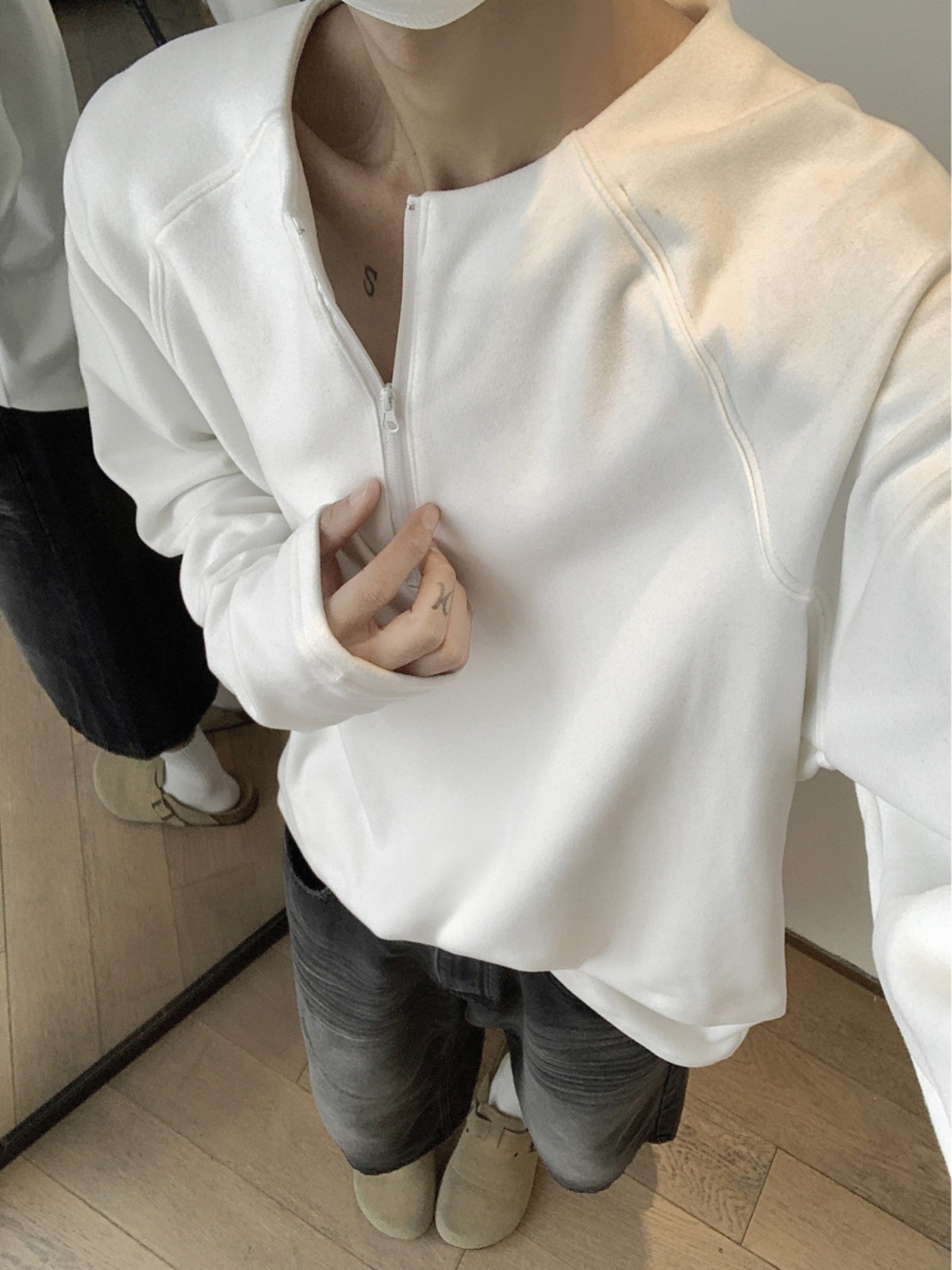 Cleanfitダークグレー長袖tシャツメンズ2024秋冬新作ヘンリー襟ゆるいインナーシャツ