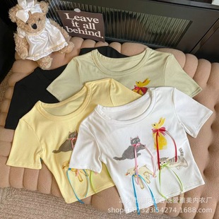 New Korean version of summer net color sweet pattern printed top temperament slim round neck pullover T-shirt factory direct sales