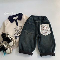 麦宝冬季加绒牛仔裤2025新款韩版男女童宽松加厚裤子中小童长裤潮