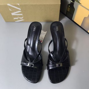 ZA Home 2025 European and American New Fashion Crocodile Pattern Herryman Black Thin High Heel Rear Empty Fashion Joker Casual Round Head