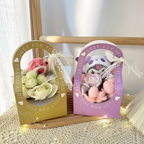 New Cartoon Plush Doll Flower Basket Creative Chinese Valentine's Day Gift Cute Simulated Rose Bouquet Wholesale