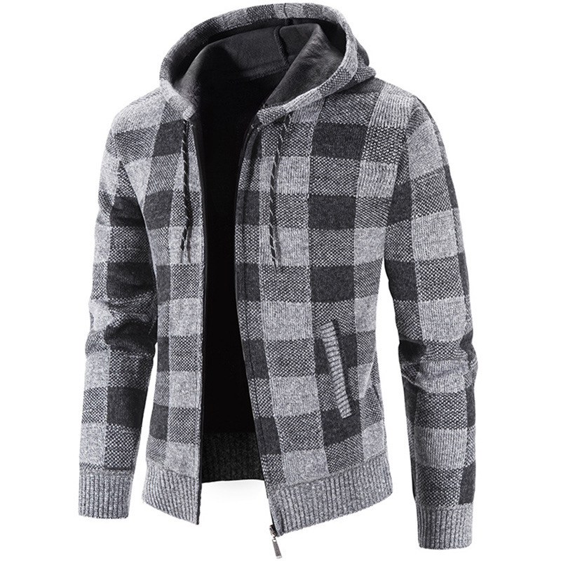 Nuevo cárdigan de hombre para otoño e invierno, suéter tejido grueso con capucha y cremallera, chaqueta a cuadros para hombre.
