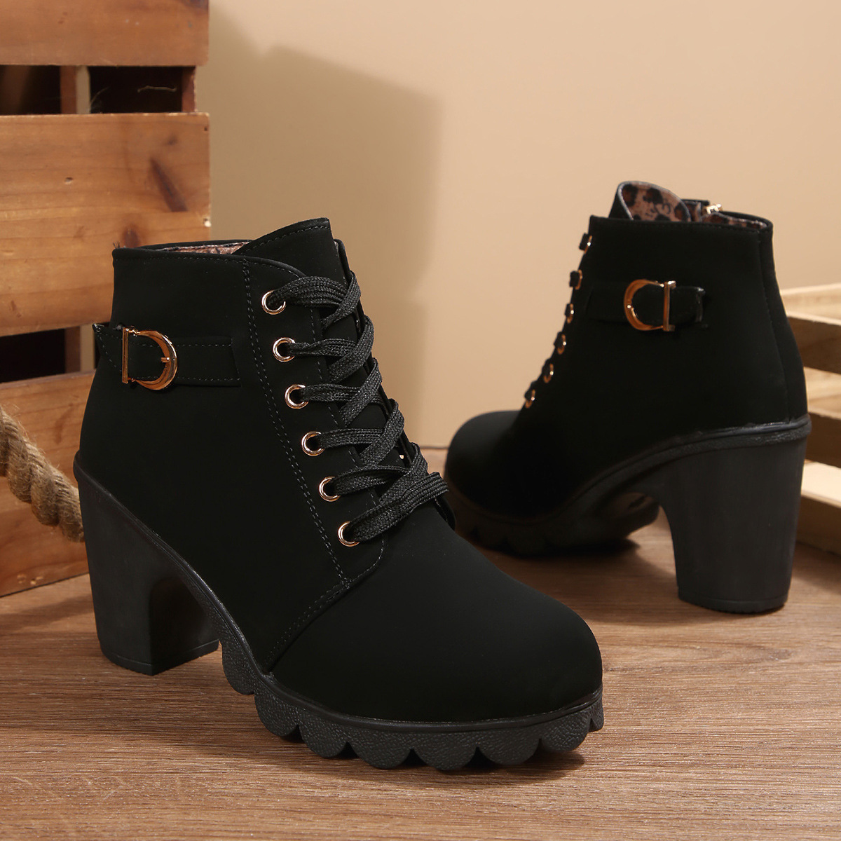 ShoeVault Women's Leather Low-Cut Chunky Round Toe High Heel Lace-Up Brown Ankle Boots Spring Autumn Plus Size Height Increasing_vogvips.com
