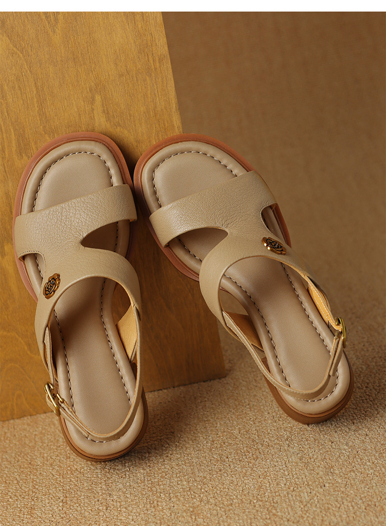 Sandal hở ngón da cừu gót thô đầu vuông quai ngang kiểu La Mã — Màu trắng be chi tiết 11