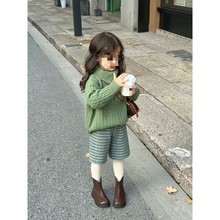 韩国童装2025秋冬新款绿色翻领针织衫毛衣女宝宝千鸟格 中裤 套装