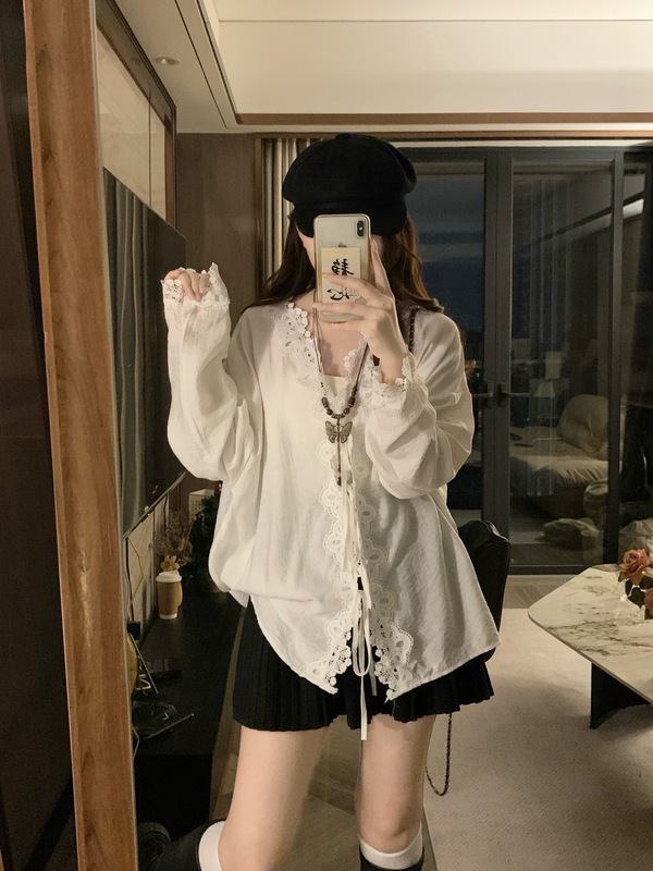 大码设计感白色蕾丝长袖衬衫女装胖MM慵懒风衬衣甜美宽松上衣|undefined