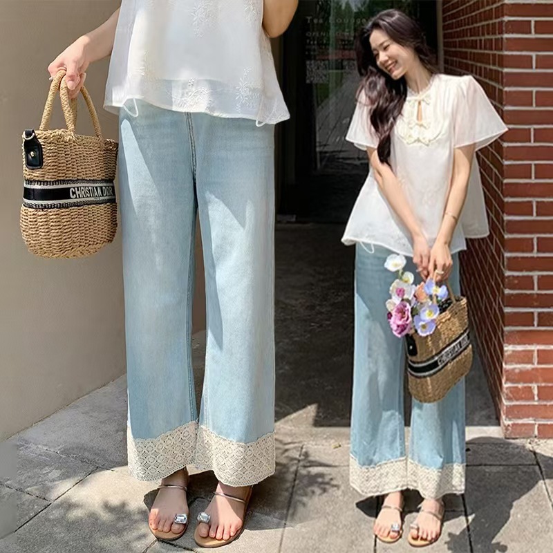 Maternity Jeans Without Belly Support, Summer Lace Splicing Straight Wide and Narrow Version Nine-Point Casual Wide-Leg Pants 8389-1