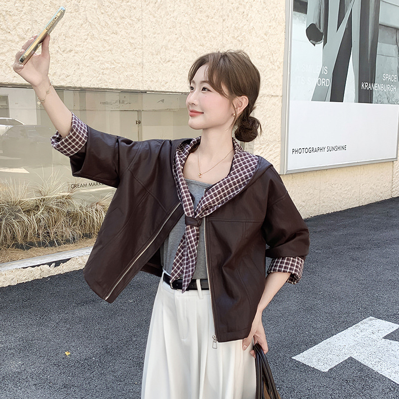 Brown Retro Plaid Splicing Hooded Leather Jacket for Women Autum 2025 New High-End Super Popular Pu Leather Jacket