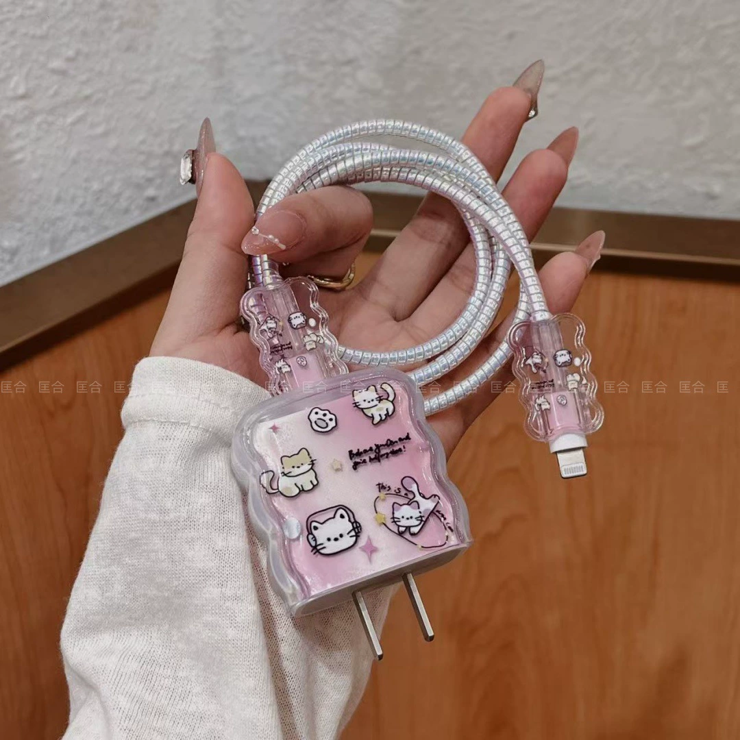 Мультяшный кот, слушающий музыку, подходит для Apple 20W зарядного устройства, защитный чехол, кабель для передачи данных, кабель с защитой от перекусывания, антиразрывная волна.