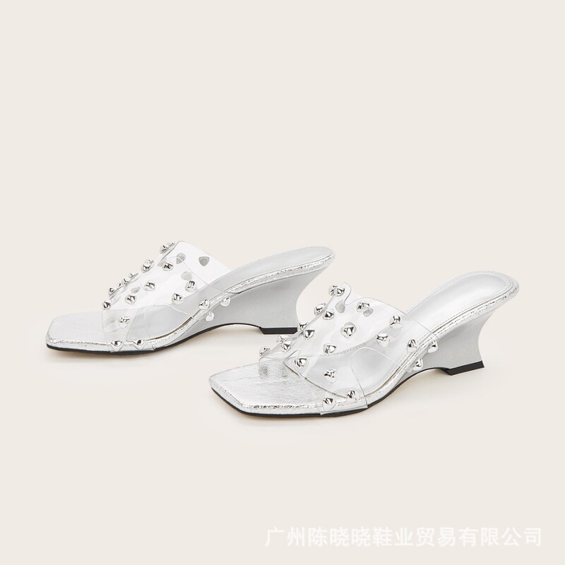 H Silver Punk Studded Square-Toe Open-Toe Transparent Glass Resin Wedge High-Heeled Sandals H Silver Punk Studded Square-Toe Open-Toe Transparent Glass Resin Wedge High-Heeled Sandals