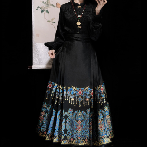 Original Chinese Costume Women【Green Parrot】Ming Style Mamian Skirt New Chinese Style National Wind Upright Collar Blouse Commute Autumn Winter