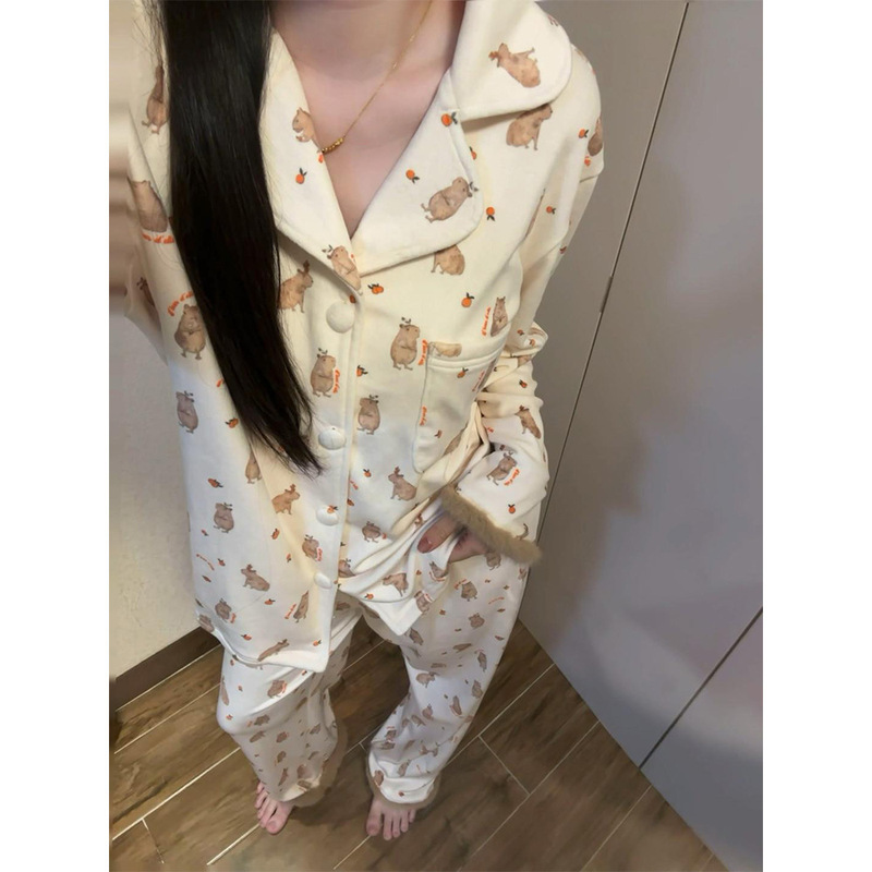 卡皮巴拉德绒睡衣女秋冬新款加厚可爱卡通印花长袖长裤家居服套装|undefined