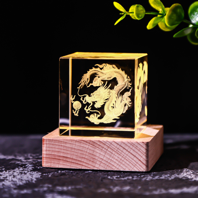 Cubo de cristal decoración interruptor de luz cálida base de madera talla interior Luna Sistema Solar Galaxy decoración de escritorio regalo de niña