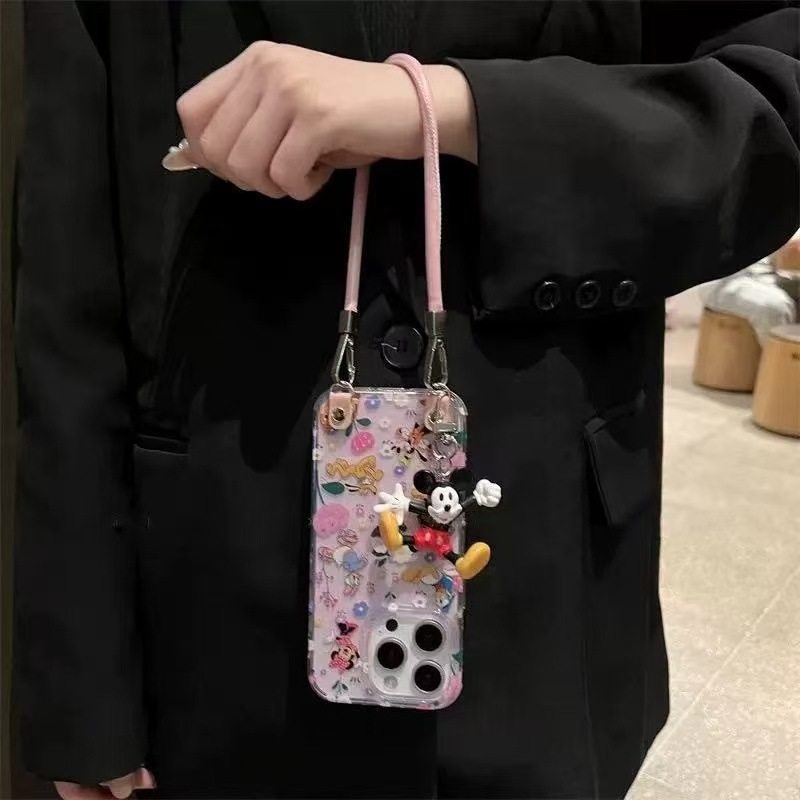 Lindo Mickey floral de dibujos animados para iPhone15 Apple 16ProMax cuero diagonal 14 funda para teléfono 13 hembra 16