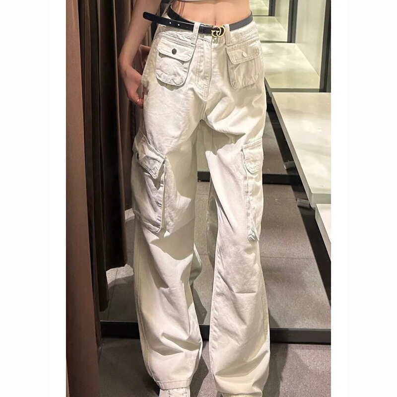 【Han Niu】Sand White Multi-Pocket Cargo Jeans for Women, New American High Street Style, Slimming Versatile Straight Leg for Autumn 【Han Niu】Sand White Multi-Pocket Cargo Jeans for Women, New American High Street Style, Slimming Versatile Straight Leg for Autumn