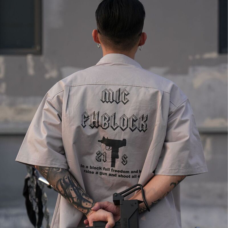 West Coast Chicano Chicano Men's Letter Large Size Uzi Submachine Gun Print Loose Short Work Shirt