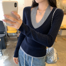品牌折扣麻花V领挂脖长袖针织衫女秋季2025新款独特别致假两件上