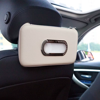 Multifunctional Car Interior Storage Tissue | Car tissue box/set - strap-style-hanging-on-the-chair-back-headrest-rod-diamond-frame-beige