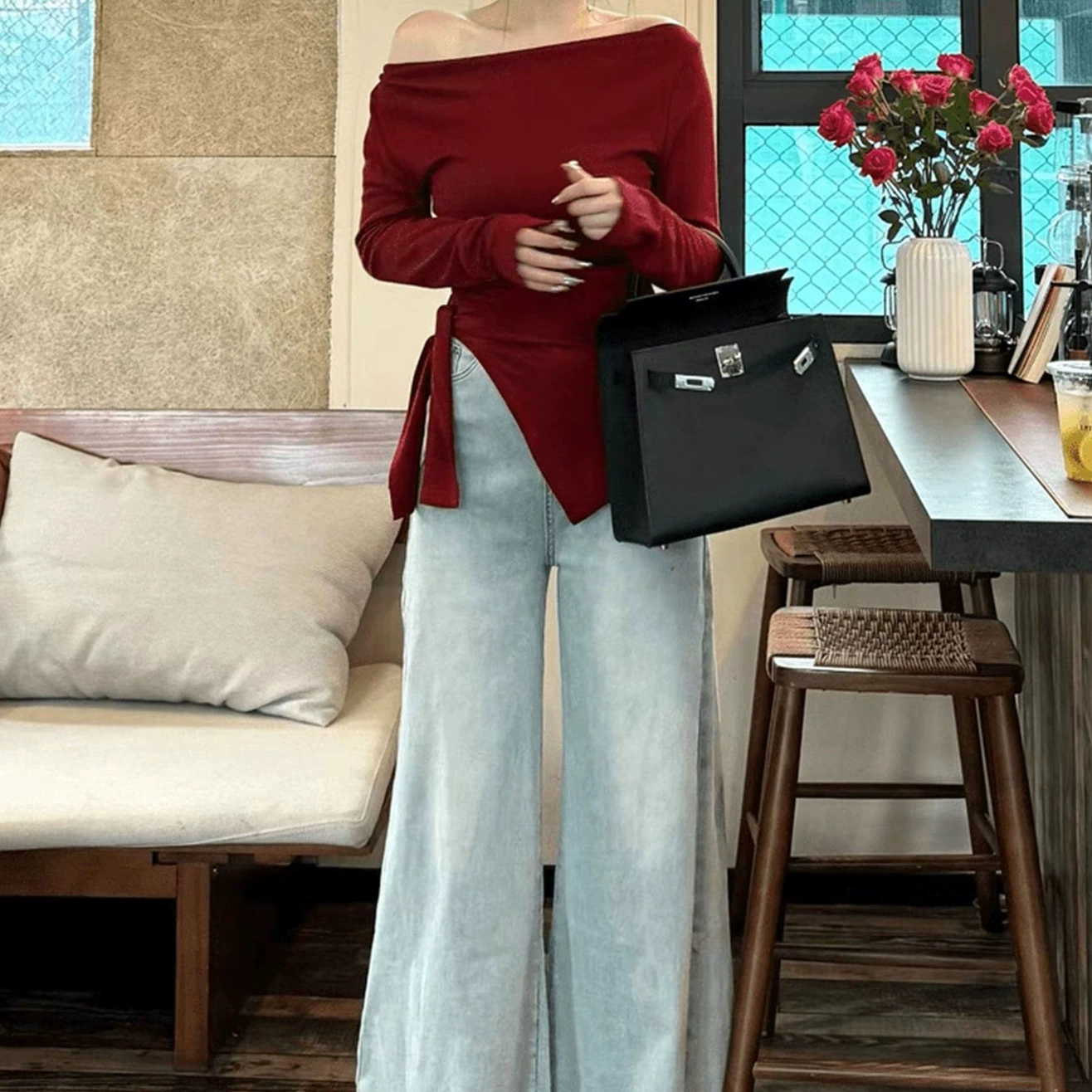 Ранняя осень с длинными рукавами нерегулярно открываются боковые вилки и закрываются талия. Тонкий цвет.