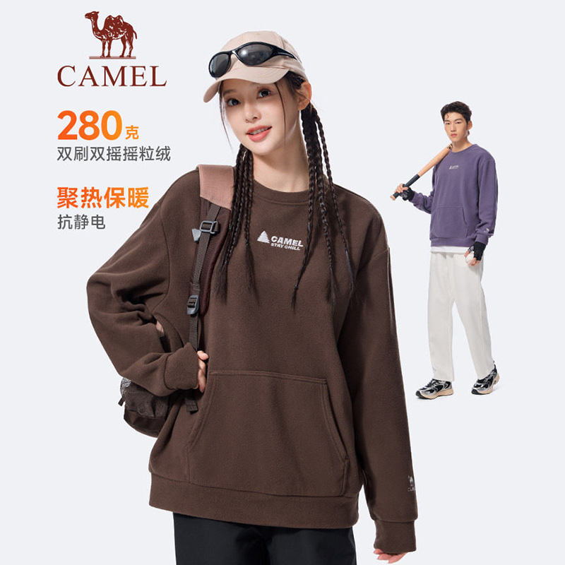 Camel fleece sports sweatshirt for women, new autumn and winter style, fleece-lined, round neck, loose fit, casual pullover, long sleeve, unisex