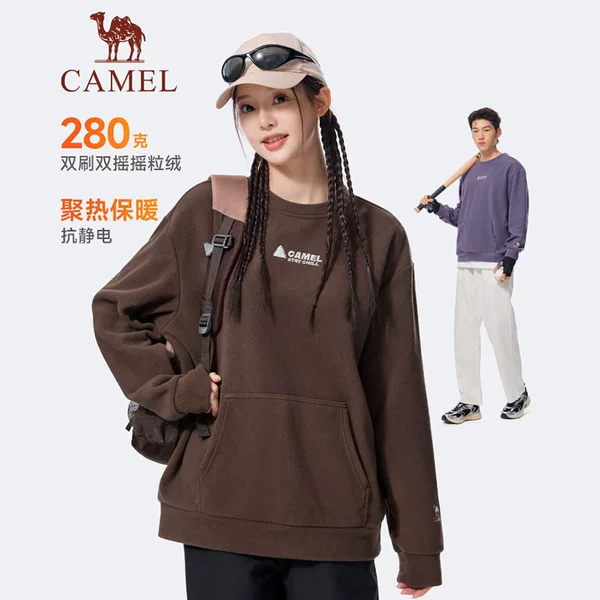 Camel fleece sports sweatshirt for women, new autumn and winter style, fleece-lined, round neck, loose fit, casual pullover, long sleeve, unisex