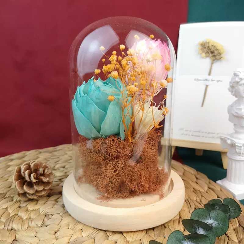 定制|ins风格永生花wedding decor 家居软装装饰干花配木座玻璃罩