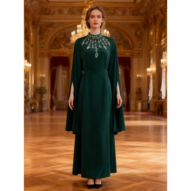 Elegant high-neck long-sleeved evening dress with rhinestone embellishments, high-end waist-cinching women's clothing, cross-border foreign trade.