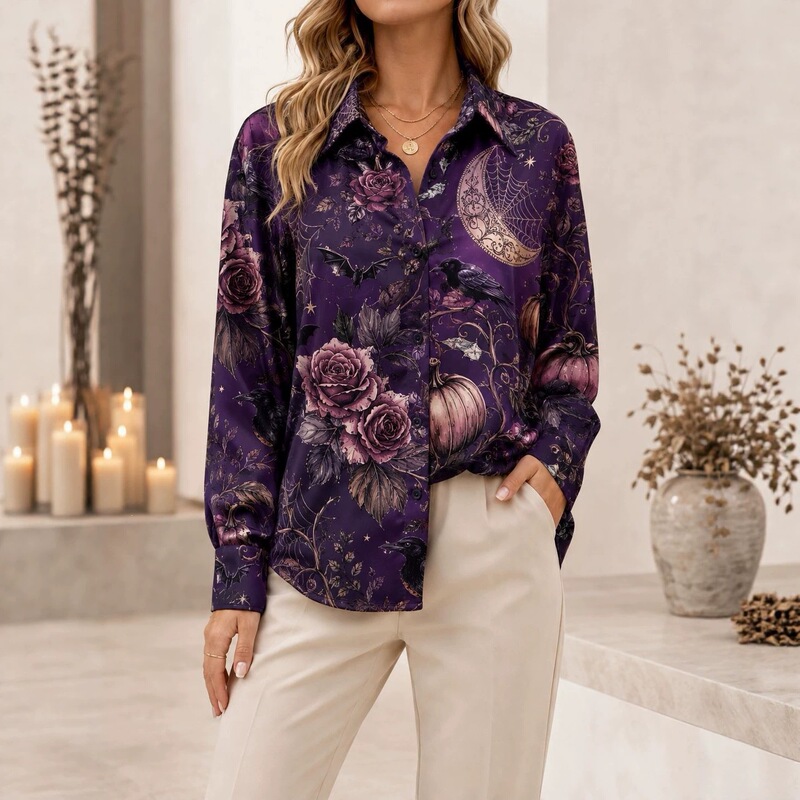 Halloween purple long-sleeved shirt with rose, pumpkin, crescent moon, crow, and bat prints, women's collared cardigan top