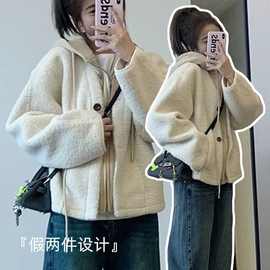 小个子韩系复古假两件套毛绒短外套新款秋冬高级宽松百搭显瘦上衣
