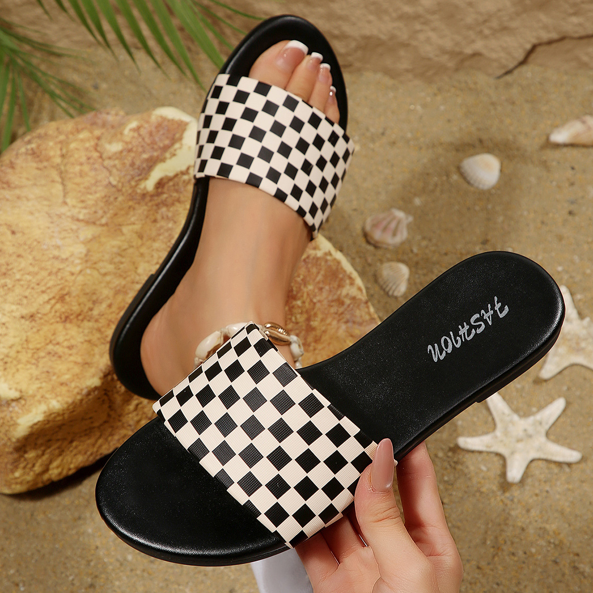 Sandalias Planas con Estampado de Ajedrez de Cuero Sintético, Cómodo, para Uso Diario image 1