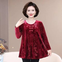 直播金2024ファッションのベルベットのお母さんtシャツは、太った高齢のおばあちゃんの長袖のゆるい上着の女性を大きくします