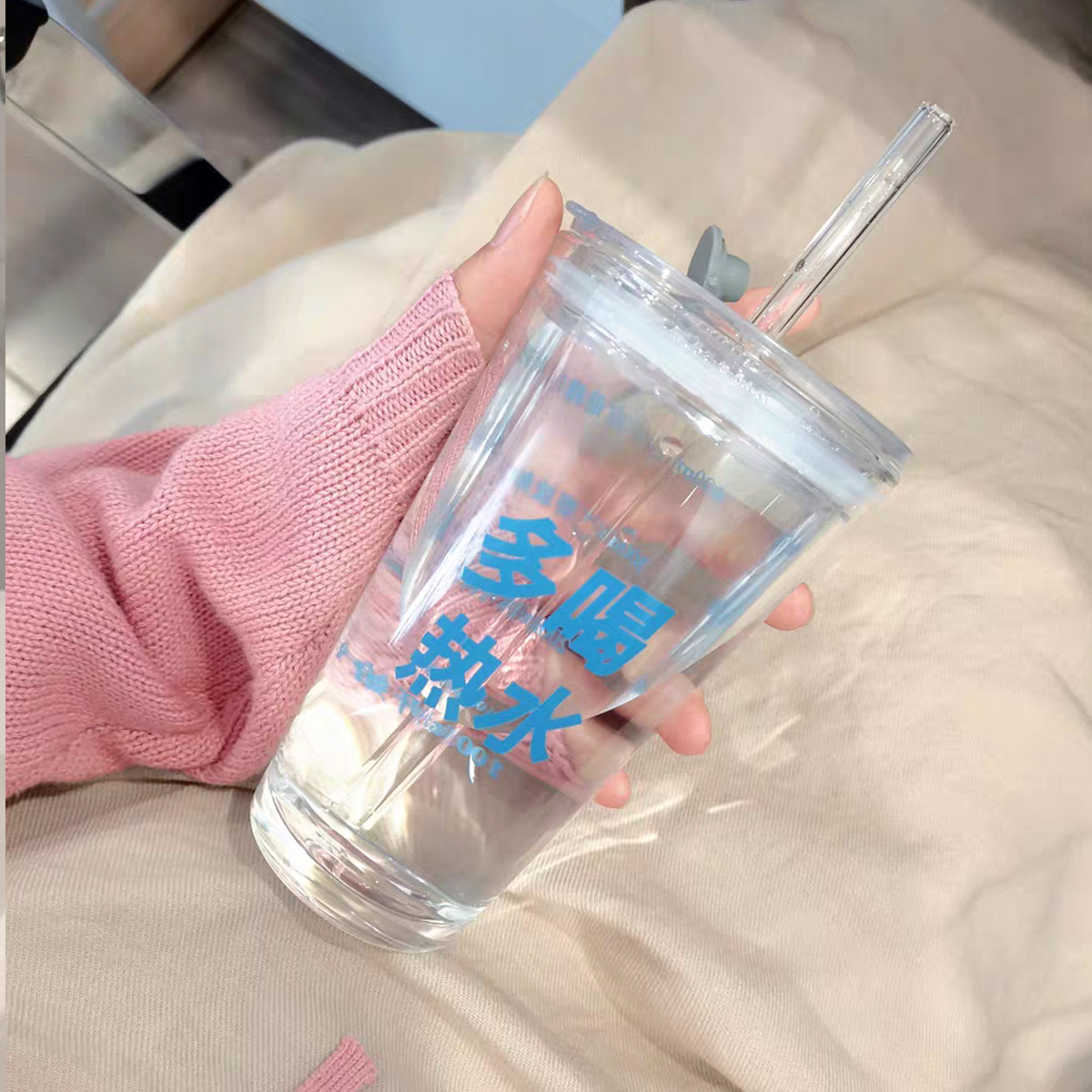 ins簡約多喝熱水夏季帶蓋吸管杯 高顏值咖啡杯大容量牛奶玻璃杯