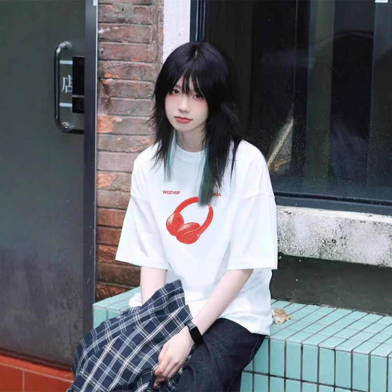 Pure Cotton White Short-Sleeved T-Shirt for Women Summer 2025 New Fashion Brand Headphone Print Loose Casual Half-Sleeved Top