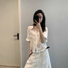 100亚麻手卷短袖衬衫2025新款女薄款短款修身显瘦外套