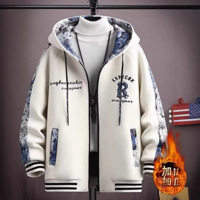 Thick, fleece-lined jacket for boys, junior high and high school students, baseball jacket, stylish autumn and winter cotton-padded coat for older children.