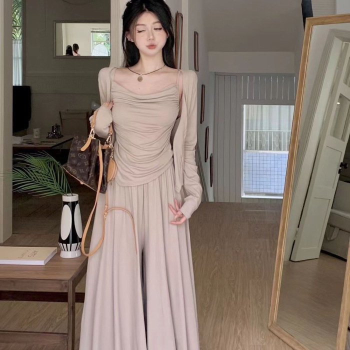 欧美跨境亚马逊开衫慵懒风显瘦遮肉开衫吊带+休闲半身裙三件套装|undefined