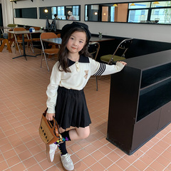 艾摩貝貝童裝女童小熊POLO針織上衣+百褶半身短裙學院風兩件套裝