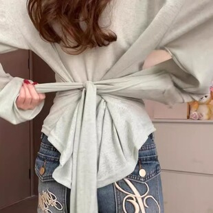 New Slightly See-Through Top Summer Sun Protection Blouse 2025 Strappy Waist Versatile Long-Sleeved Shirt for Women Lazy and Loose