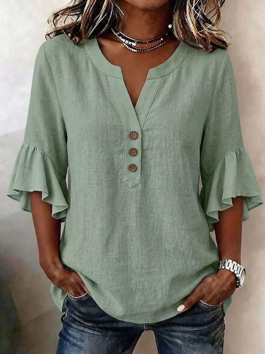 Women's Clothing Women's Solid Color V Neck Top Three Quarter Sleeve Ruffled Casual Cotton And Linen Blend For Formal & Casual For Women_ecoleips.com