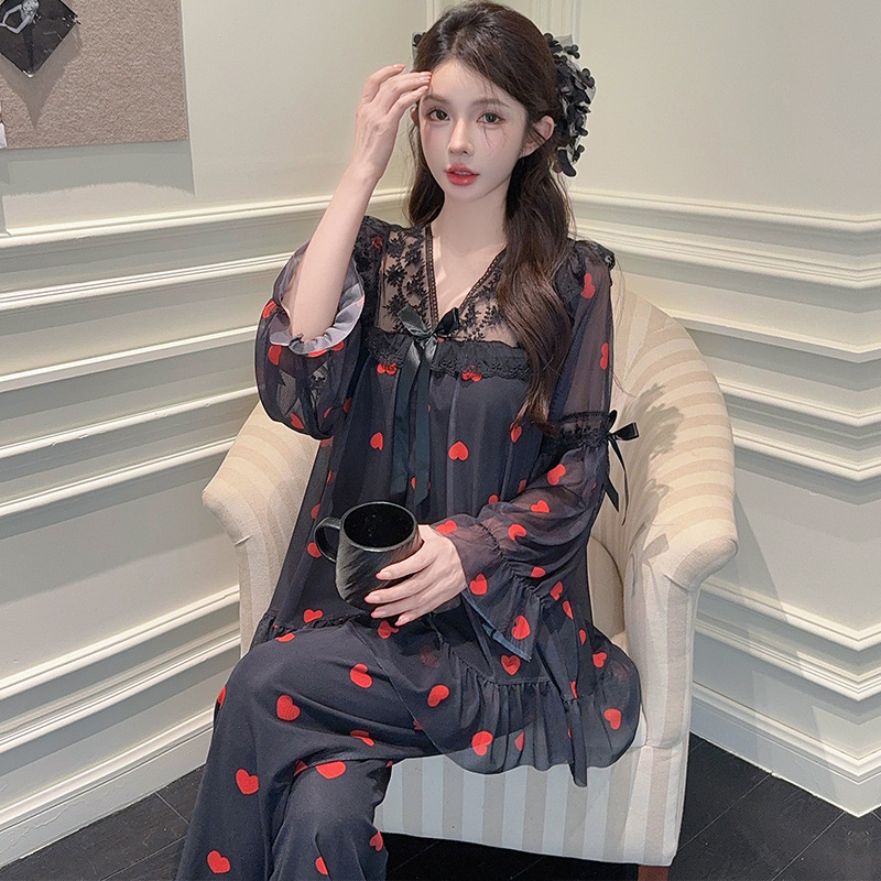 凌蕾春秋新款印花蕾丝花边甜美宽松公主风网纱睡衣套装家居服|undefined