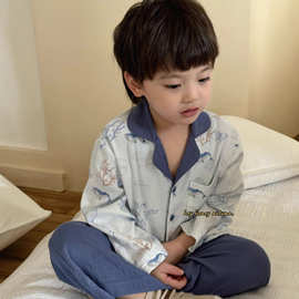 【大小卷】儿童睡衣套装男童双层弹力双纱翻领卡通满印家居服套装