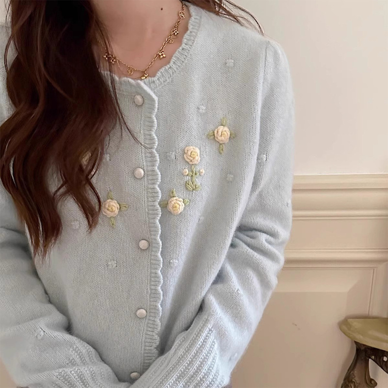 Autumn and Winter Gentle Style Soft Waxy Knitted Cardigan Sweater for Women Stereo Embroidered Korean Round Neck Cute Heavy Industry Loose Jacket Autumn and Winter Gentle Style Soft Waxy Knitted Cardigan Sweater for Women Stereo Embroidered Korean Round Neck Cute Heavy Industry Loose Jacket