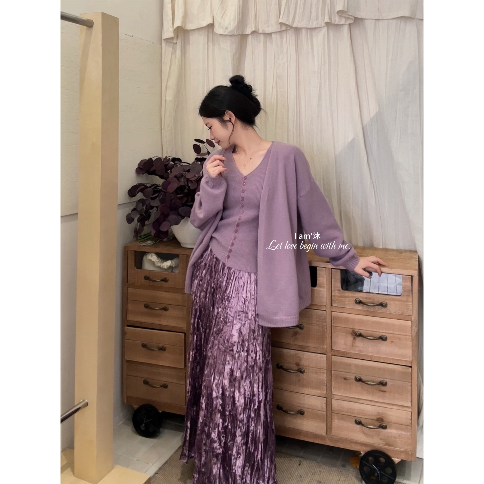 气质通勤套装～软糯单排扣背心+宽松净版针织开衫套装HH6721