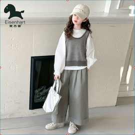 女童春秋时髦套装2025新款儿童背心三件套女孩网红春装阔腿裤潮流