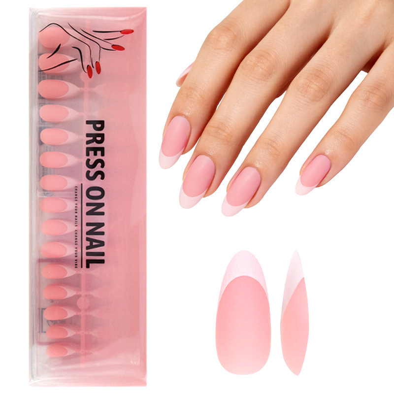 30 Pieces of Acrylic Simple French-Style Press-On Nails, Almond-Shaped Matte Fake Nails, Press-On Nails for Cross-Border Foreign Trade Wholesale