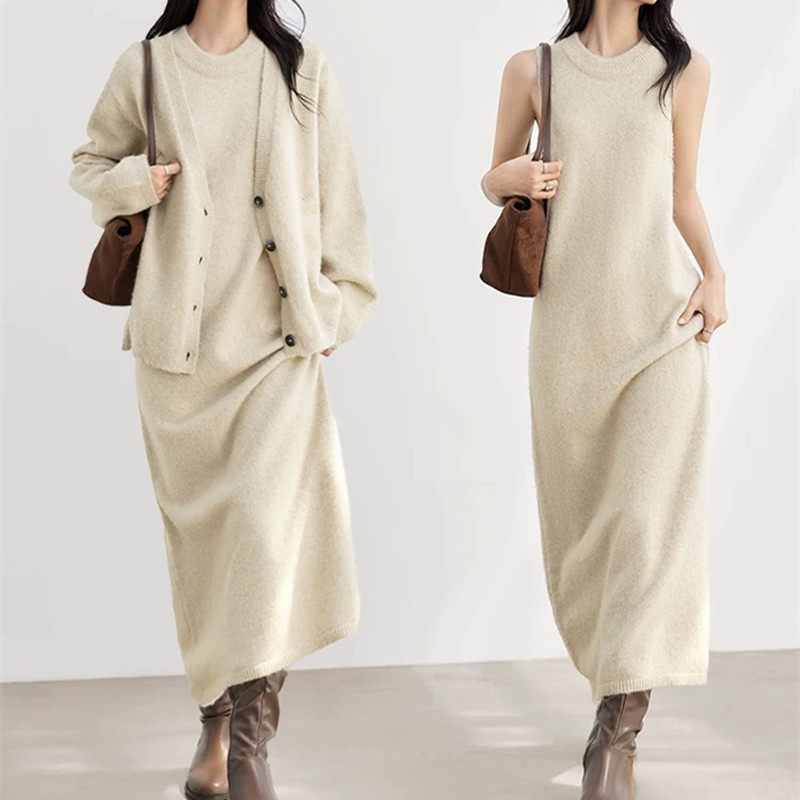 Cross-Border Knitted Cardigan Jacket, Simple Sweater Skirt Suit, Two-Piece Skirt Suit, Vest Dress, Mid-Length over the Knee Cross-Border Knitted Cardigan Jacket, Simple Sweater Skirt Suit, Two-Piece Skirt Suit, Vest Dress, Mid-Length over the Knee